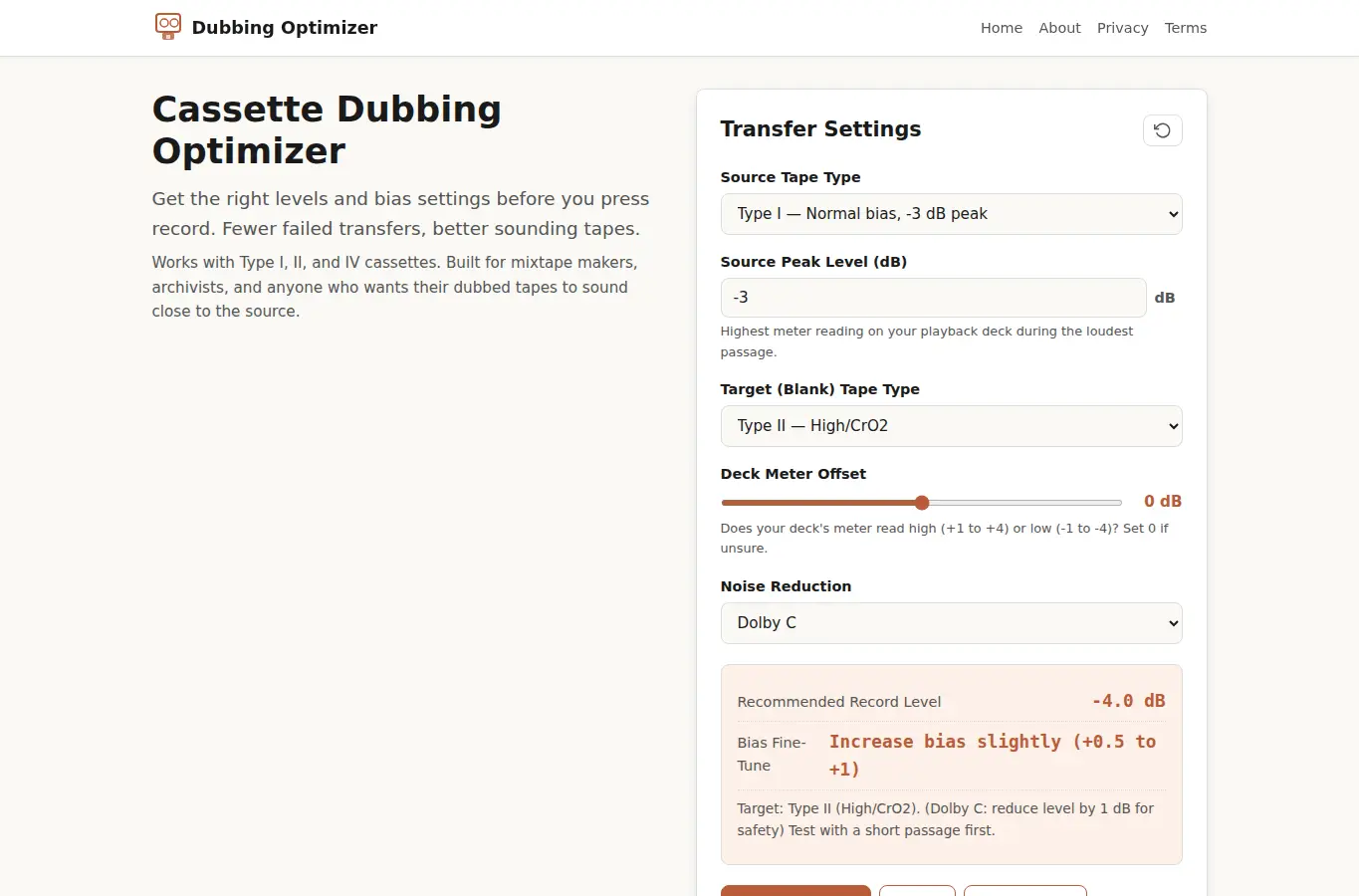 Screenshot of Cassette Dubbing Optimizer interface showing the project page in use